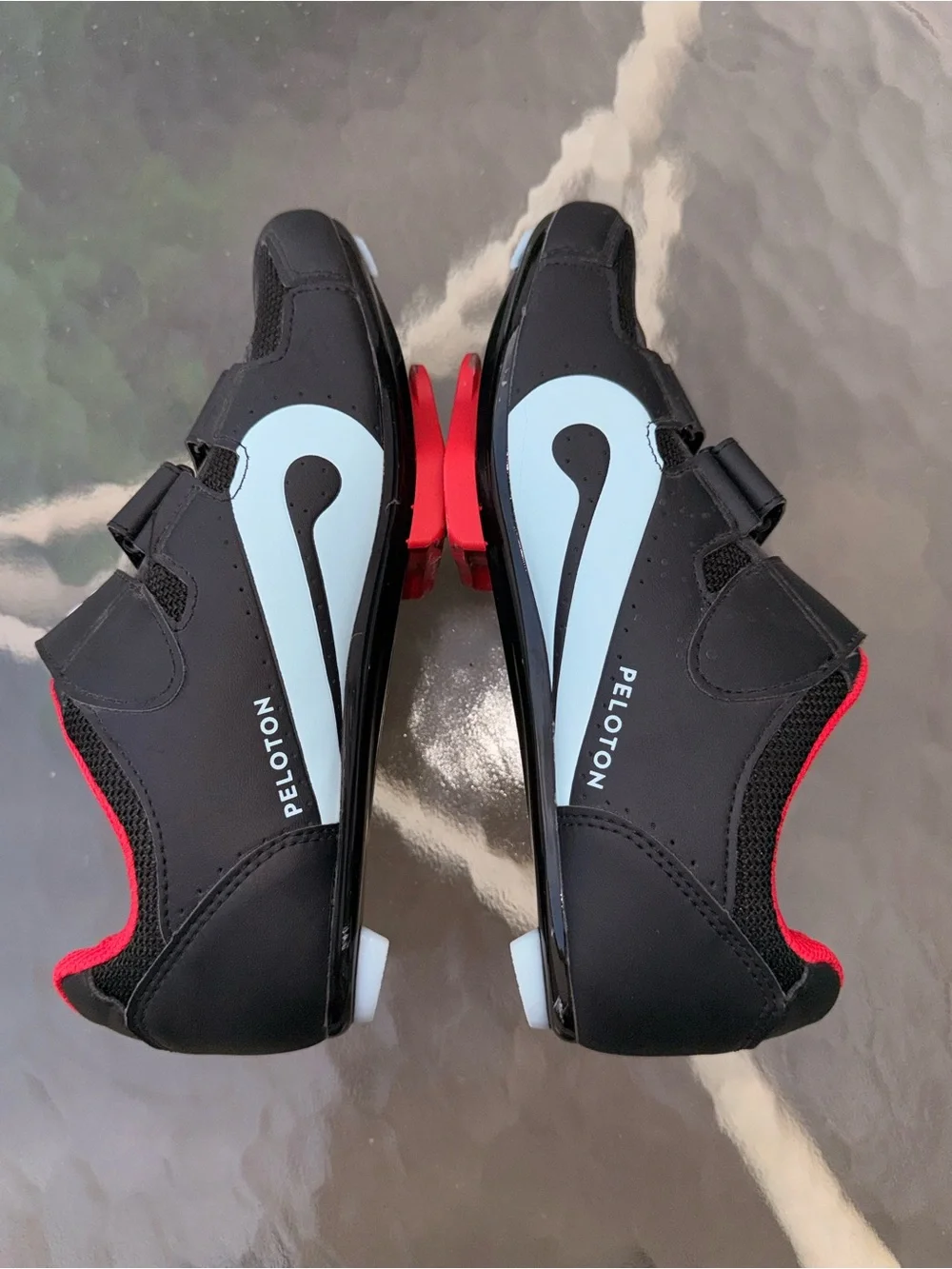Peloton Kids Black Shoes with Red Lining and Light Blue Accent
